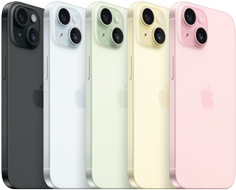 iPhone 15, back view showing advanced camera system and colour-infused glass in all finishes: Black, Blue, Green, Yellow, Pink.