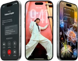 Three iPhone 17 Pro models, front exterior, side by side, demonstrating iOS 26, liquid glass effect and Apple Intelligence feature