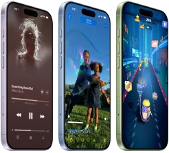 iPhone 17 devices, exterior front, exterior side, demonstrating Apple Music, Visual intelligence, gaming, buttons: Action button, volume
