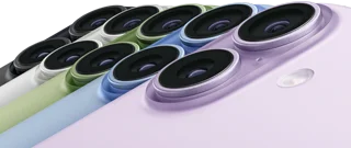 iPhone 17, exterior rear, Fusion dual-camera system, all five colours overlapping: Black, White, Sage, Mist Blue and Lavender