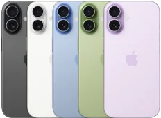 iPhone 17, exterior rear, Fusion dual-camera system, all five colours overlapping: Black, White, Sage, Mist Blue and Lavender