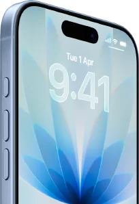 iPhone 17, exterior front, Blue Mist colour, Dynamic island centred, buttons: action button, volume