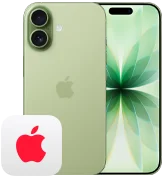 iPhone 17, back exterior, Sage finish, Fusion dual-camera system, front exterior, Dynamic Island, thin black display border, AppleCare+ logo