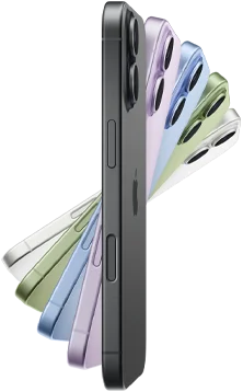 iPhone 17, exterior side, five colours: Black, Lavender, Mist Blue, Sage and White