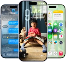 iPhone 17, exterior front, Dynamic Island centred near top, three colours: Mist Blue, Lavender, Sage