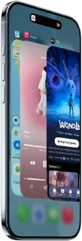 iPhone Air, front exterior, side exterior, thin profile, Dynamic Island centred near top, App Switcher feature in use, buttons: Action, volume