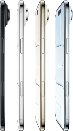 iPhone Air, side exterior, all four finishes, Sky Blue, Light Gold, Cloud White, Space Black, very thin profile, Fusion camera system, buttons: side, Camera Control