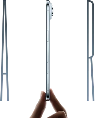A thumb and forefinger holding iPhone Air, side exterior, Sky Blue colour, very thin profile, Fusion camera system, buttons: side, Camera Control