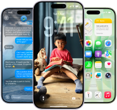 iPhone 17, exterior front, Dynamic Island centred near top, three colours: Mist Blue, Lavender, Sage